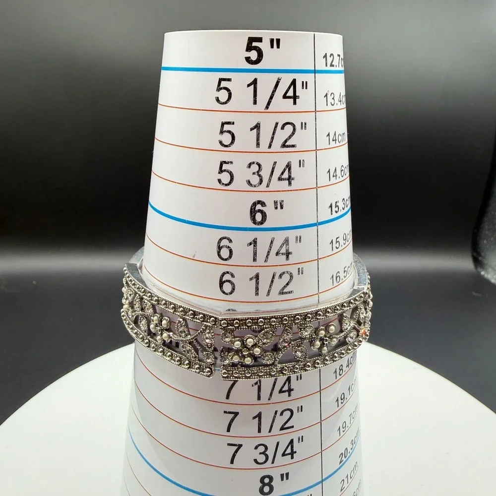 Silver Tone Floral Rhinestone Faux Pearl Filigree Wide Stretch Cuff Bracelet